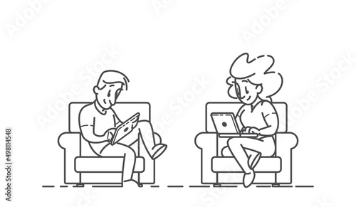 Guy and girl using a tablet and laptop sitting on their home sofa