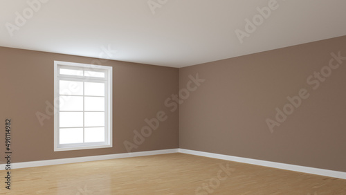 Empty Interior Corner with Brown Stucco Walls, White Ceiling, Large Window, Glossy Parquet Flooring and a White Plinth. Perspective View. 3D rendering with a Work Path on Window. 8K Ultra HD 7680x4320