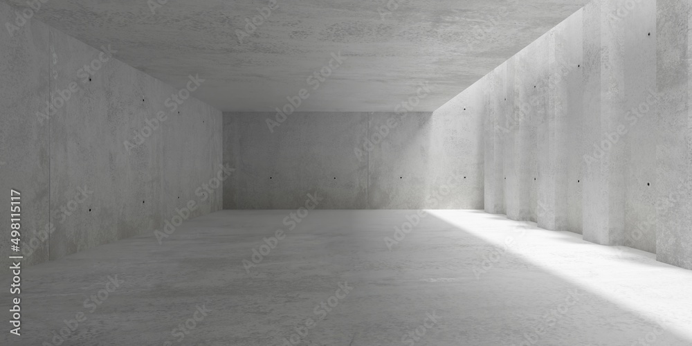 Abstract empty, modern concrete walls room with light from ceiling opening on the right and small pillars recess - industrial interior background template Abstract empty, modern concrete walls room with light from ceiling opening on the right and small pillars recess - industrial interior background template