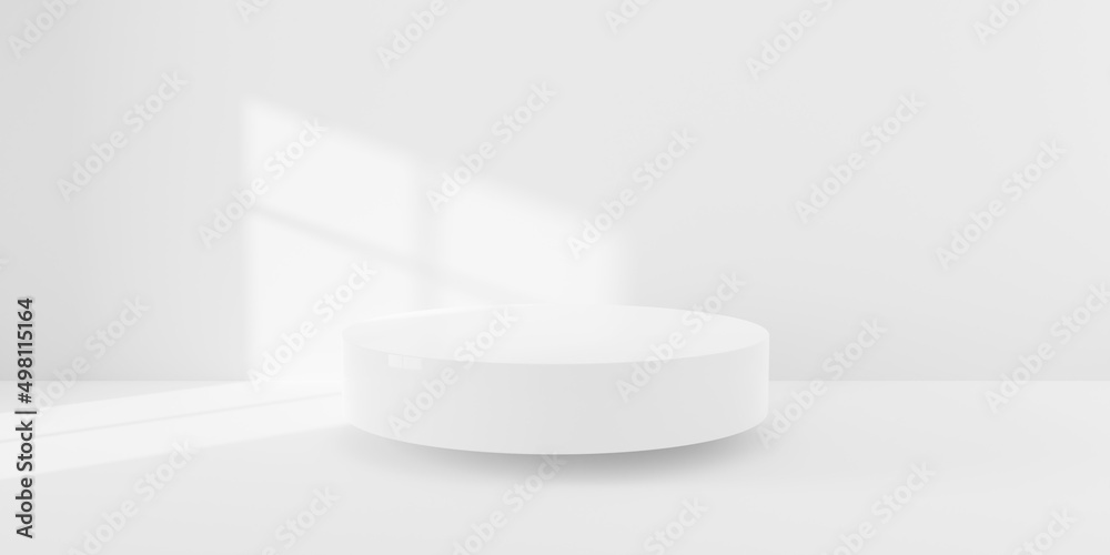 Empty, blank white room with floating platform and window shadow from sunlight on wall background, product display or stage template Empty, blank white room with floating platform and window shadow from sunlight on wall background, product display or stage template