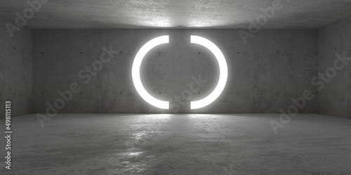 Abstract empty, modern concrete room with two semicircle shaped openings on the back wall and rough floor - industrial interior background template