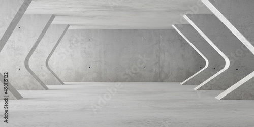 Fototapeta Naklejka Na Ścianę i Meble -  Abstract empty, modern concrete room with indirect lighting from left side with rows of bend walls on the sides and rough floor - industrial interior background template