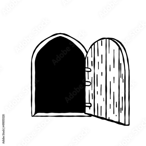 Old wooden door of castle. Ancient entrance to fortress or house. Cartoon scenery. Gate to dungeon. Door with arch and doorway. Hand drawn outline illustration