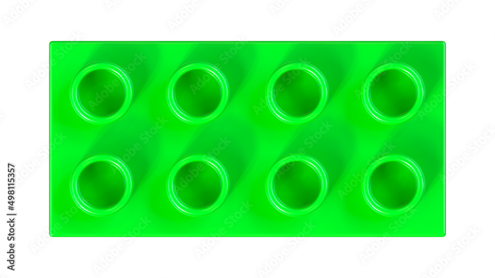 Fototapeta premium Top View of an Ultra Green Plastic blocks Toy Brick Isolated on a White Background. Children Building Block. High Quality 3D Rendering with a Work Path. 8K Ultra HD, 7680x4320