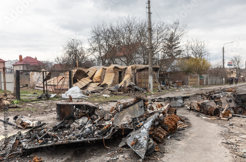 War in Ukraine. Destroyed Russian military equipment in Bucha, Ukraine