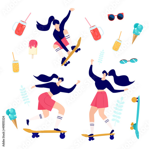 Roller skating girls collection. Girls rollerblading. Extreme sport. Summer vibes Vector illustration.