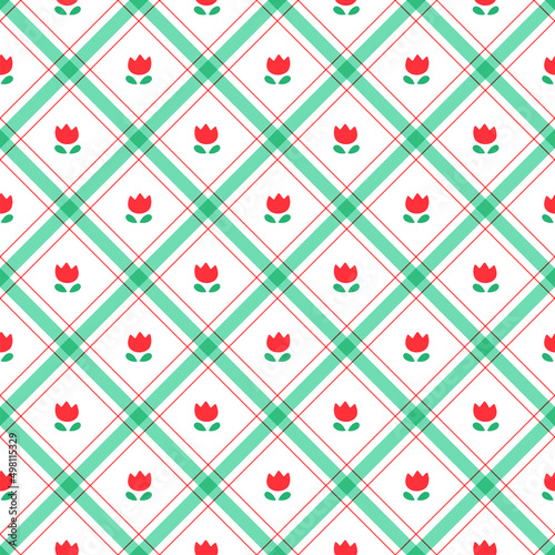 Cute Tulips Flowers leaf Element Red Green Diagonal Stripe Striped Line Tilt Checkered Plaid Tartan Buffalo Scott Gingham Pattern Illustration Wrapping Paper, Picnic, Scarf 