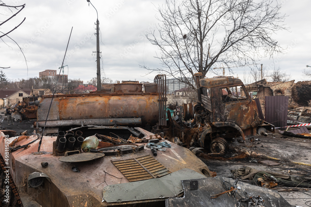 War in Ukraine. Destroyed Russian military equipment in Bucha, Ukraine