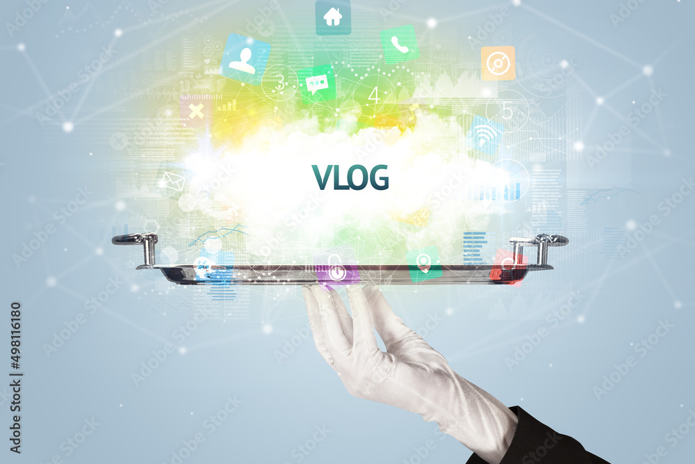 Waiter serving social networking concept Waiter serving social networking concept