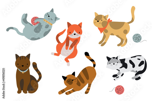 Set of icons with cats. Flat design vector. Variety breeds cats in different poses sitting, standing, stretching, playing, lying. For veterinary clinic, pet shop advertising. Collection of kittens EPS