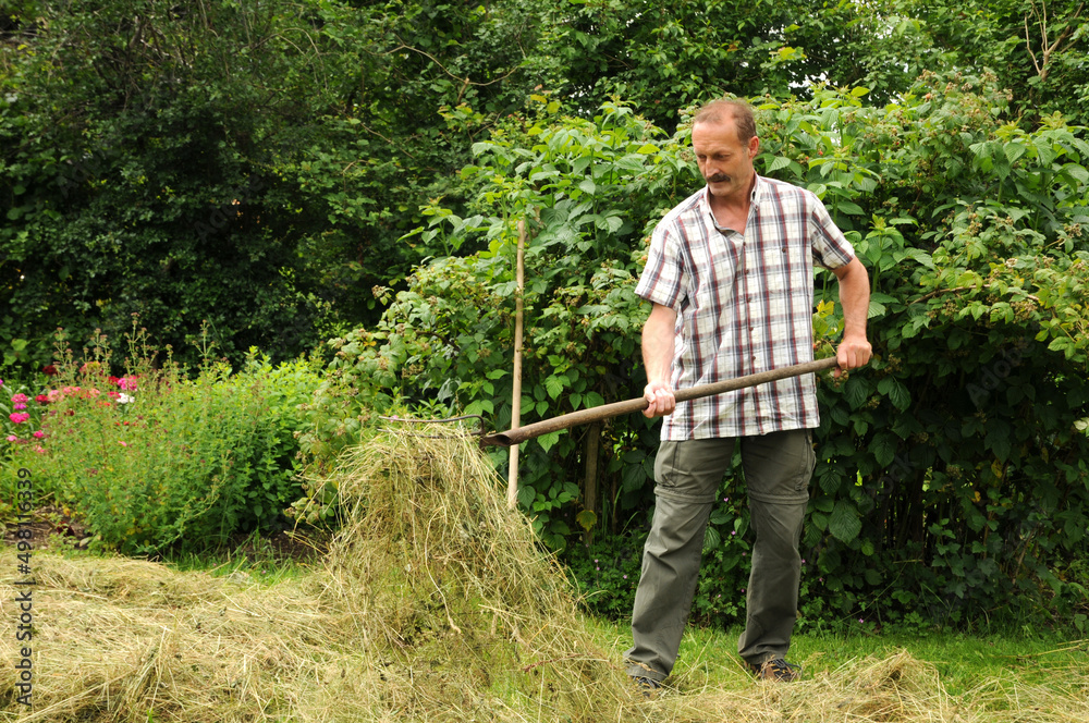 Fototapeta premium Mann wendet Heu