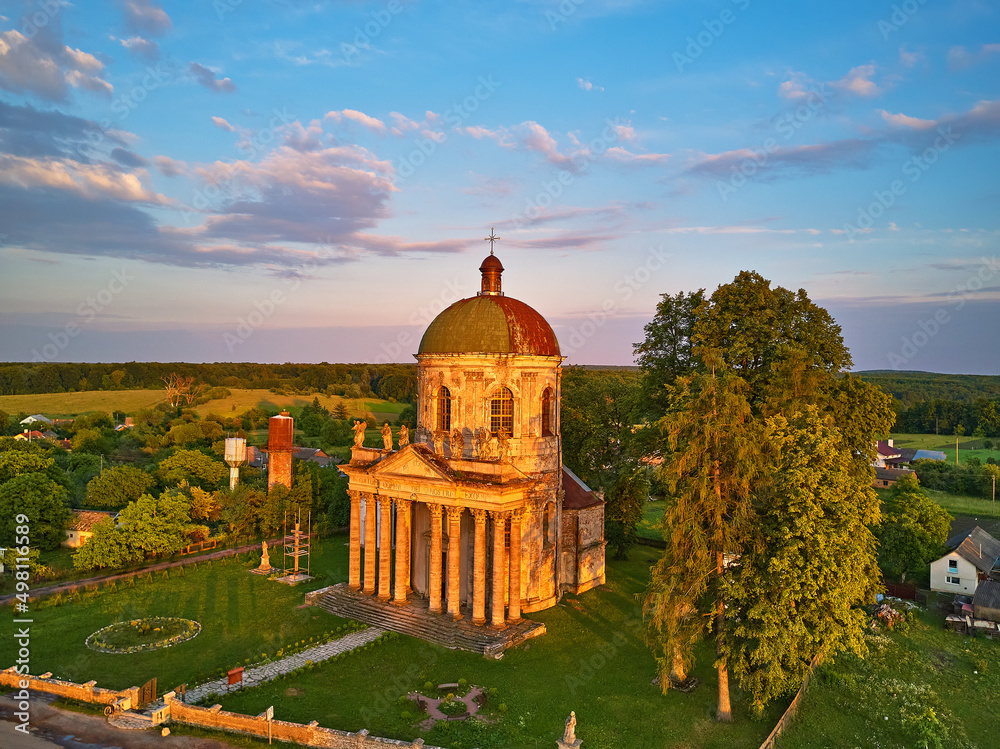 Old St. Joseph's Church in Pidhirtsi aerial view, village Podgortsy, renaissance palace. Ukraine, Lviv region.