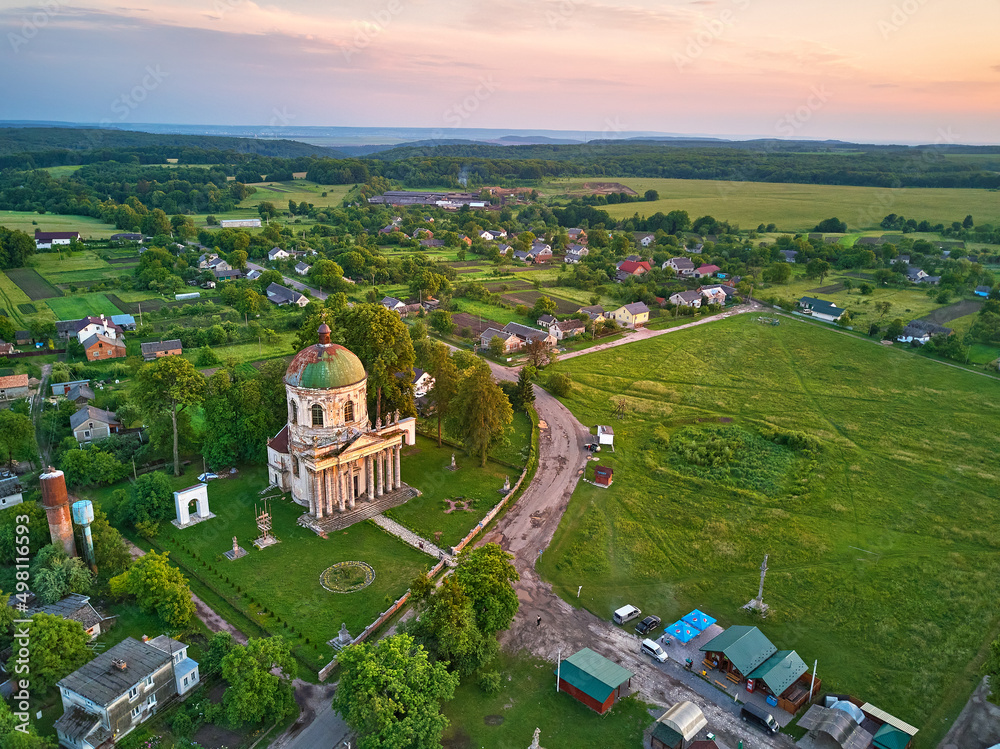 Old St. Joseph's Church in Pidhirtsi aerial view, village Podgortsy, renaissance palace. Ukraine, Lviv region