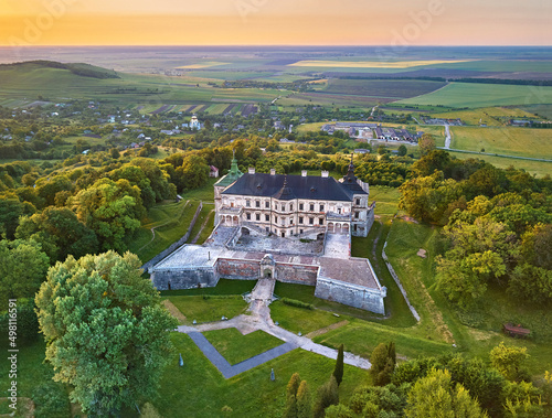 Old Pidhirtsi Castle aerial view, village Podgortsy, Renaissance Palace with bastion fortifications. photo