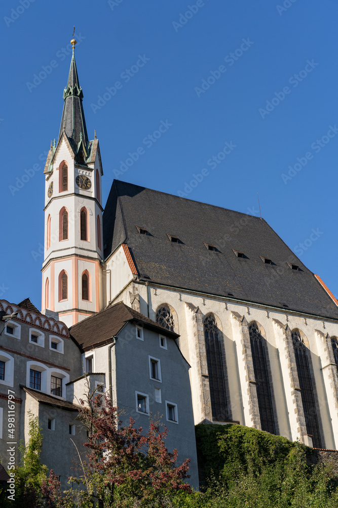 Low angle view of St Vitus church in Český Krumlov, Czech Republic