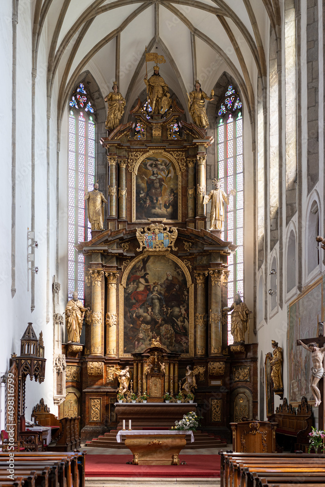 Interior and altar of St Vitus cathedral in Český Krumlov, Czech Republic