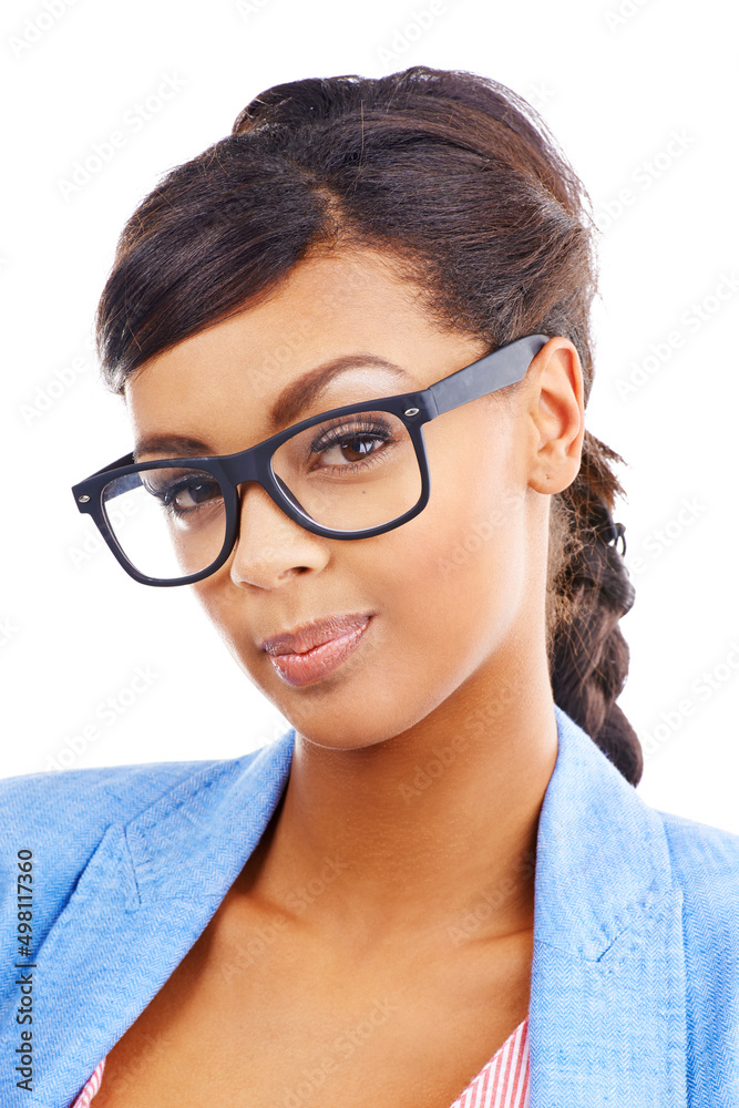 Focus on me. Studio shot of a pretty young woman wearing glasses over a white background.