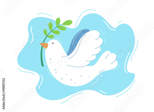 Vector illustration of white bird with olive branch flying in blue sky. Dove of peace in flat style