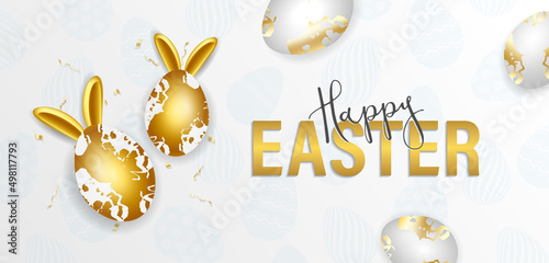 Happy Easter banner template design with white, golden eggs and golden confetti on multicolor background.