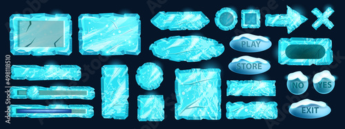 Ice game button vector set, frozen winter UI icon kit, blue glass sign board, cartoon crystal panel frame. User interface Christmas frost asset template. Ice neon button geometric elements collection