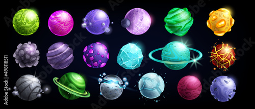 Alien planet game icon set, stone magic cosmos asteroid, vector space cartoon fantasy worlds kit. UI stone rocks assets isolated on black, fantastic astronomy design elements. Alien planet clipart