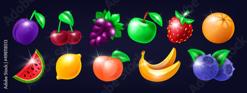 Casino slot fruit icon set, vector gambling machine item kit, shiny Vegas strawberry, lucky cherry, orange. Online mobile app 3D cartoon UI badge, watermelon, plum, banana. Slot fruit collection