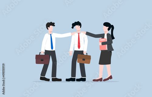 Encouragement or consolation for colleague, emotional support, reduce depression from working error, companionship concept. Businessman and woman heal mind of sad colleague by touching shoulders.