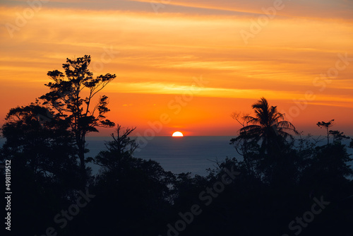 Beautiful Sunset over Andaman sea with dramatic natural orange cloudy sky. Tropical Trees Silhouette. Phuket, Thailand