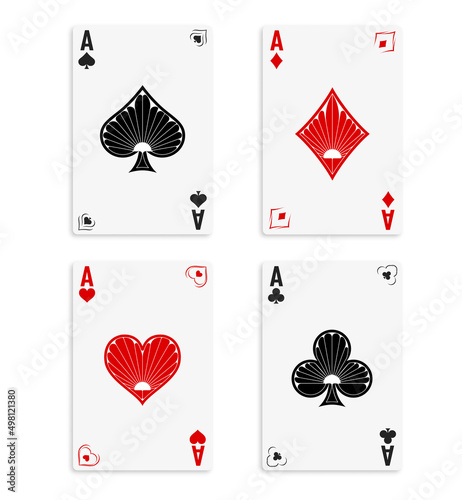 Set of four aces of a deck of cards for playing poker and casino on a white background in vintage style. spades, diamonds, clubs and hearts.