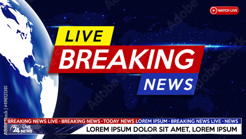 Screen saver on breaking news background. Urgent news release on television. Breaking news live on earth planet and world map background.
