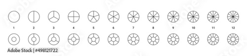 Pie charts set. Segment slice icons. Round wheel diagram with equal segments. Vector illustration with circular infographic isolated on white background