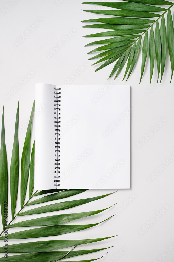 Concept summer flat lay with white notepad and palm leaf on a white background. Top view and  copy space