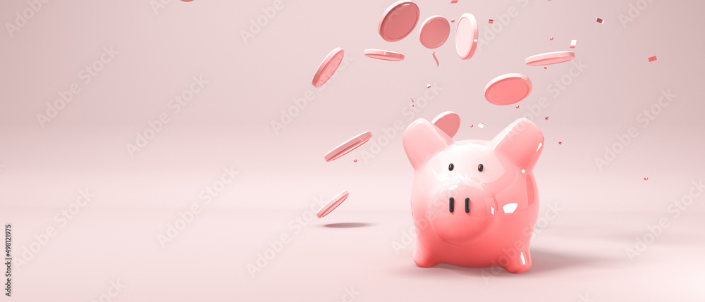 Financial theme with piggy bank and coins - clean 3d render Financial theme with piggy bank and coins - clean 3d render