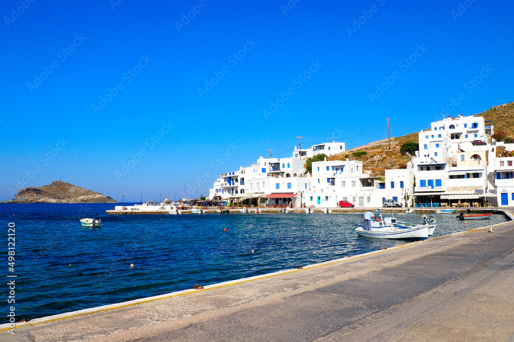 view of the port of Panormos, a famous seaside resort on the magnificent island of Tinos, in the Cyclades archipelago, in the heart of the Aegean Sea