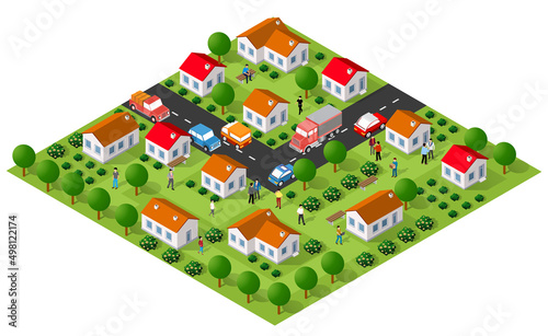 Country village district isometric illustration of a rural area