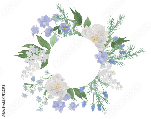 White and blue watercolor floral  round composition. Summer design element