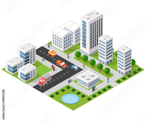Isometric 3D illustration city urban area with a lot of houses and skyscrapers