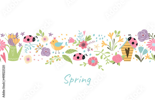 Spring border. Spring seamless flower border with colorful daisies, bird, insect, ladybug, birdhouse. Repeated floral border, repeated pattern. Summer vector illustration.