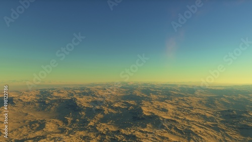 alien planet landscape sci fi spatial background, view from planet surface with spectacular sky, realistic digital illustration 