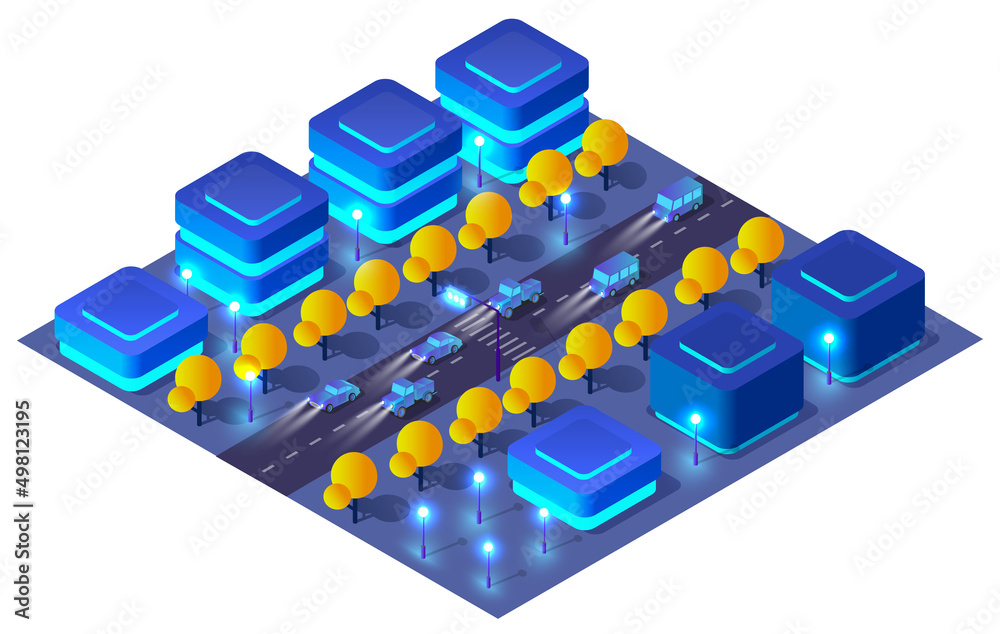 City urban area map Isometric night lights ultraviolet 3D illustration