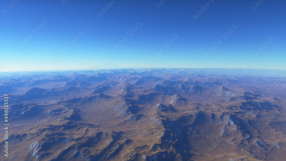 alien planet landscape sci fi spatial background, view from planet surface with spectacular sky, realistic digital illustration	
