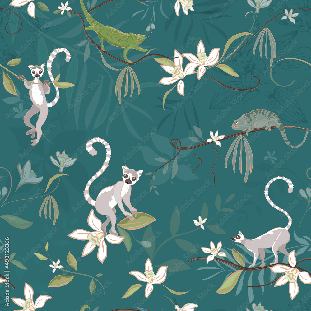 Vector tropical jungle seamless pattern Lemurs, chameleons, lizard, palm leaves, vanilla flowers, green trendy fashion background Vector tropical jungle seamless pattern Lemurs, chameleons, lizard, palm leaves, vanilla flowers, green trendy fashion background