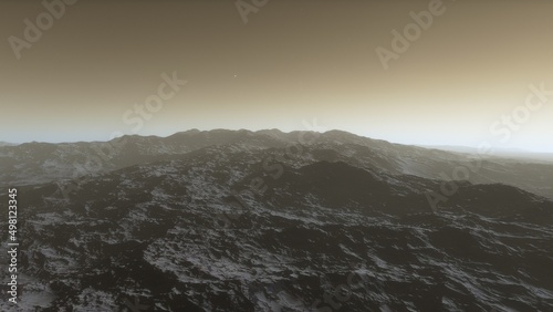 alien planet landscape sci fi spatial background, view from planet surface with spectacular sky, realistic digital illustration 