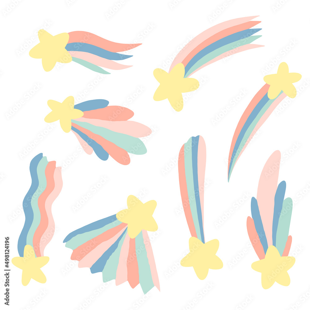 Shooting star. Falling. Children cute cartoon star, comet, tail. Rainbow color. Baby nursery element. Vector set illustration isolated on white background.