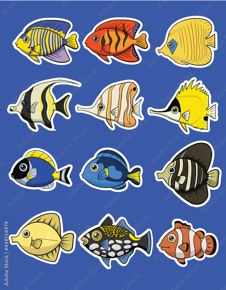 Coral reef fish. Freshwater aquarium fish icon set cartoon style isolated on blue. Vector illustration Coral reef fish. Freshwater aquarium fish icon set cartoon style isolated on blue. Vector illustration
