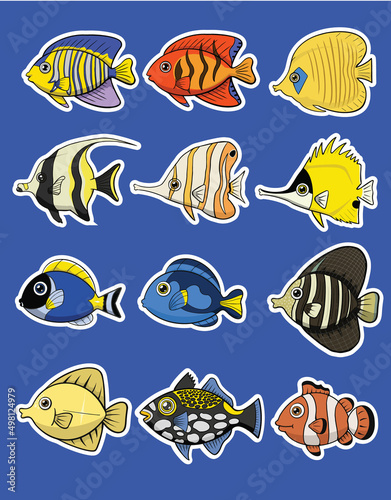 Coral reef fish. Freshwater aquarium fish icon set cartoon style isolated on blue. Vector illustration