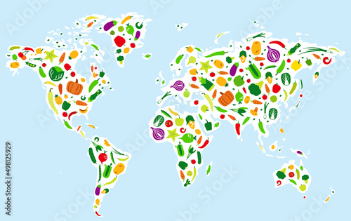 Vegetables and fruit icons in the map of the world  vector illustration