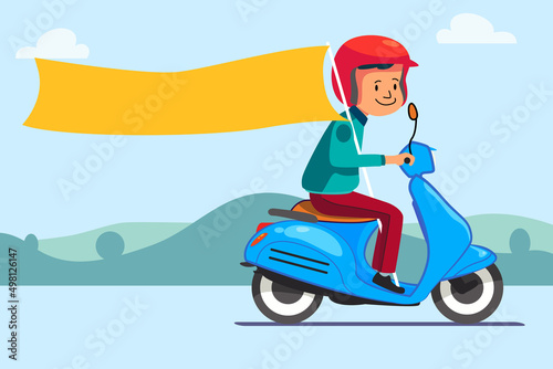Scooter Rider Carrying Blank Banner Cartoon Vector Illustration