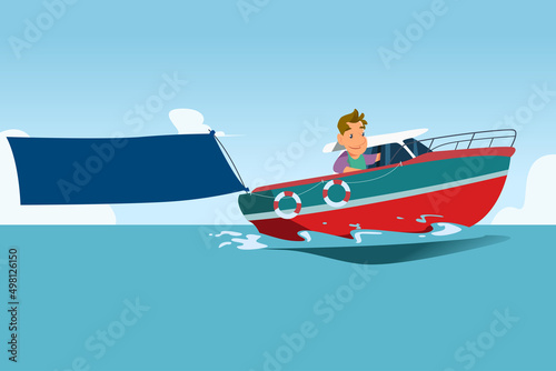 Boat Rider Carrying Blank Banner Cartoon Vector Illustration