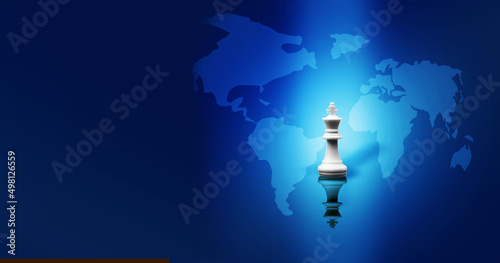 Fototapeta Naklejka Na Ścianę i Meble -  White King chess on futuristic world map background,  Leader in digital world concept
